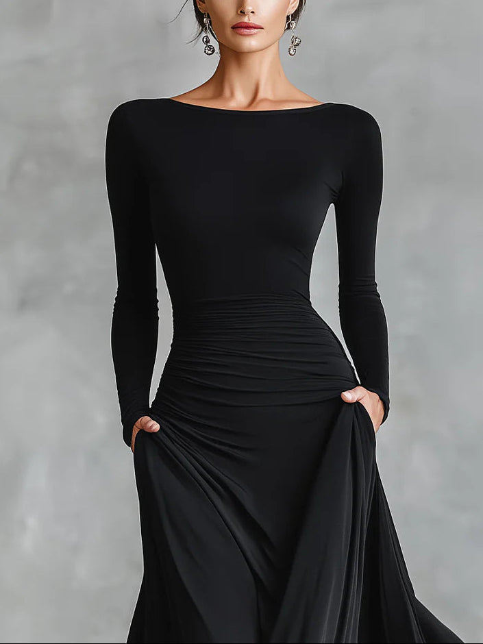 Adele - Modern long black crepe dress with boat neckline and pleats
