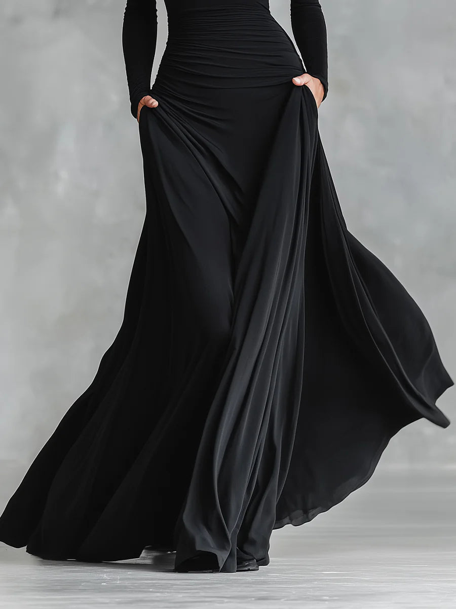 Adele - Modern long black crepe dress with boat neckline and pleats