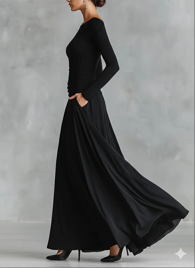 Adele - Modern long black crepe dress with boat neckline and pleats