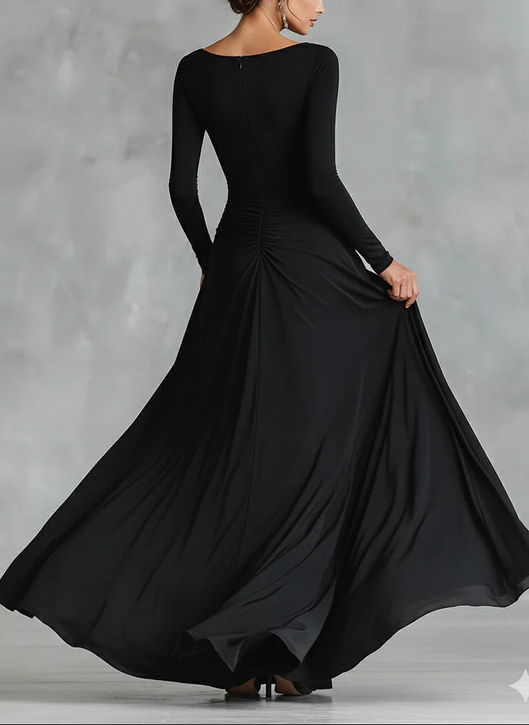 Adele - Modern long black crepe dress with boat neckline and pleats
