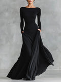 Adele - Modern long black crepe dress with boat neckline and pleats