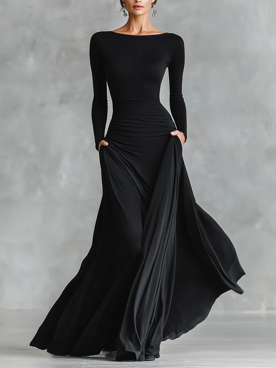Adele - Modern long black crepe dress with boat neckline and pleats